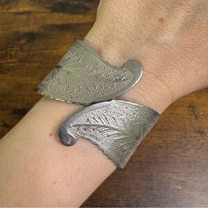Silver Leaf Patterned Clamper Cuff Bracelet Boho Chic Fairycore Chunky Vintage